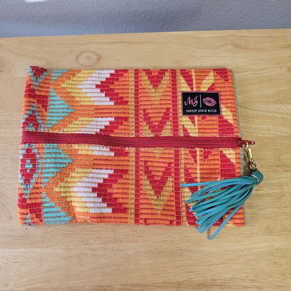 Makeup Junkie Bag Lot Aztec Print Cosmetic Bag Lg & Med Orange Red Teal Tassel